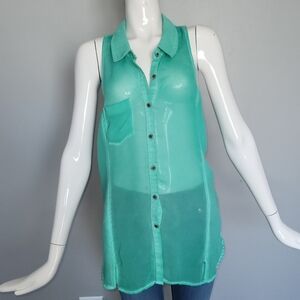 We The Free Sheer Green Sleeveless Blouse with Mixed Fabric Panels, GUC, Size M